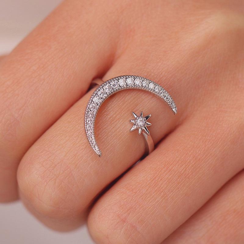 Sterling Silver Crescent Moon and Star Ring Adjustable Moon Ring - Trendolla Jewelry