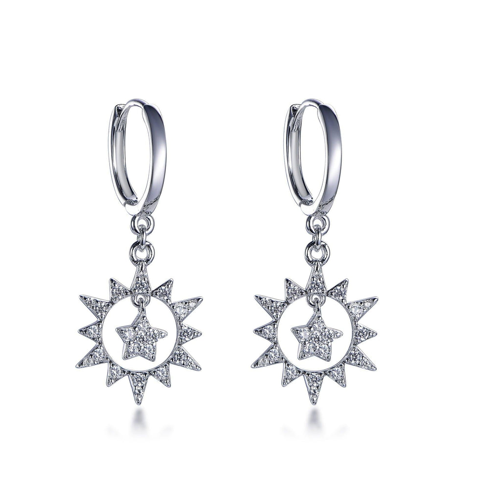 Sterling Silver Huggie Hoop Earrings with Charm Sun and Star - Trendolla Jewelry