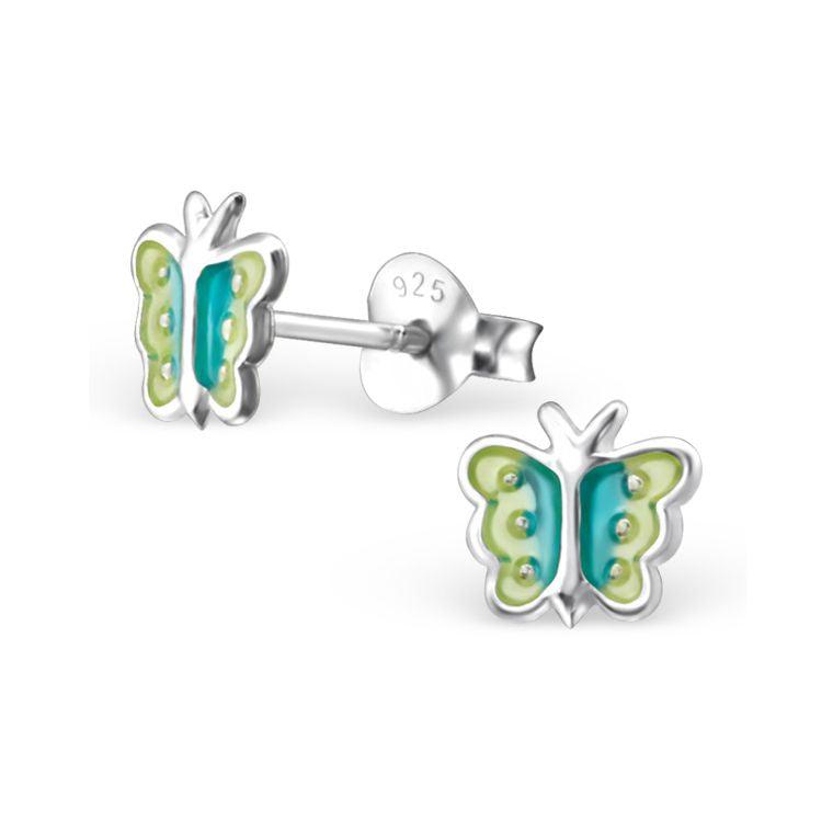 Sterling Silver Iridescent Green Blue Butterflies Baby Children Earrings - Trendolla Jewelry