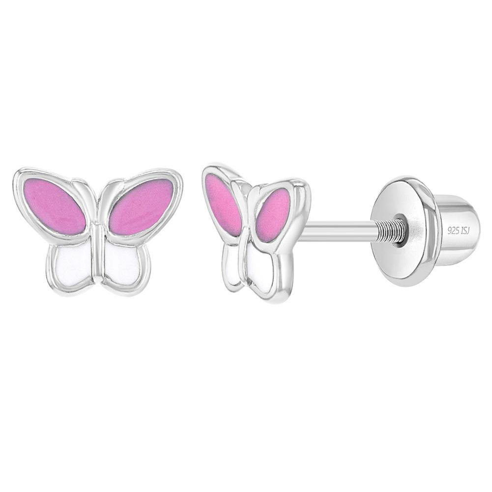 Sterling Silver Pink and White Enamel Butterflies Baby Children Screw Back Earrings - Trendolla Jewelry
